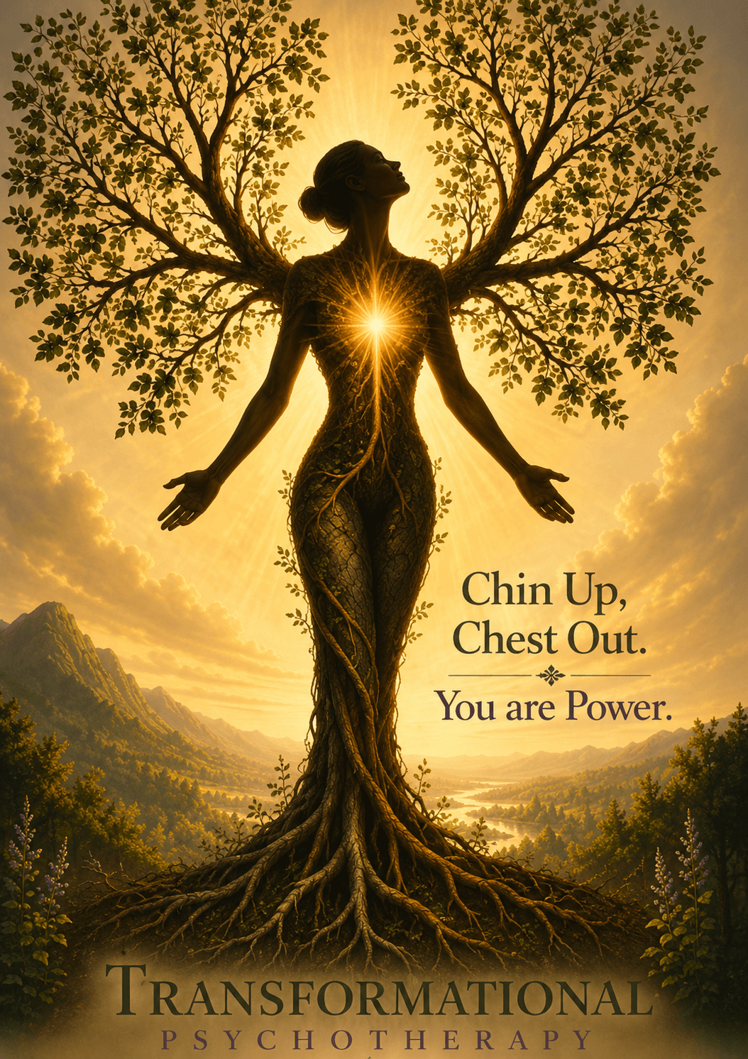 An illustration of a woman merging into a tree of life, arms open toward the sky, with the words: Chin Up, Chest Out. You are Power.